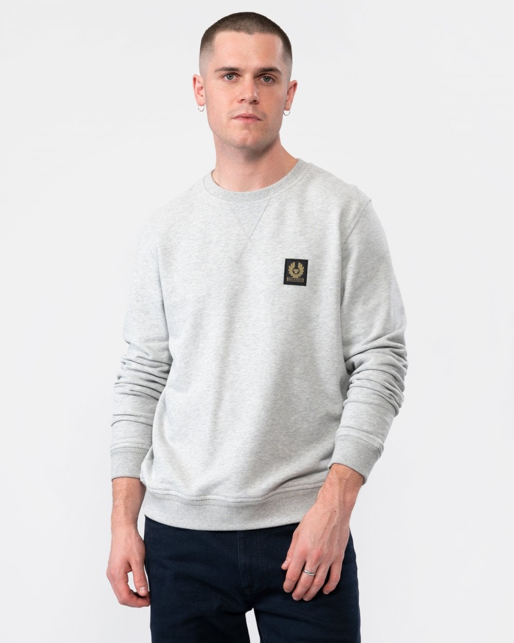 Belstaff Mens Crew Neck Sweatshirt With Logo Patch - Old Silver Heather