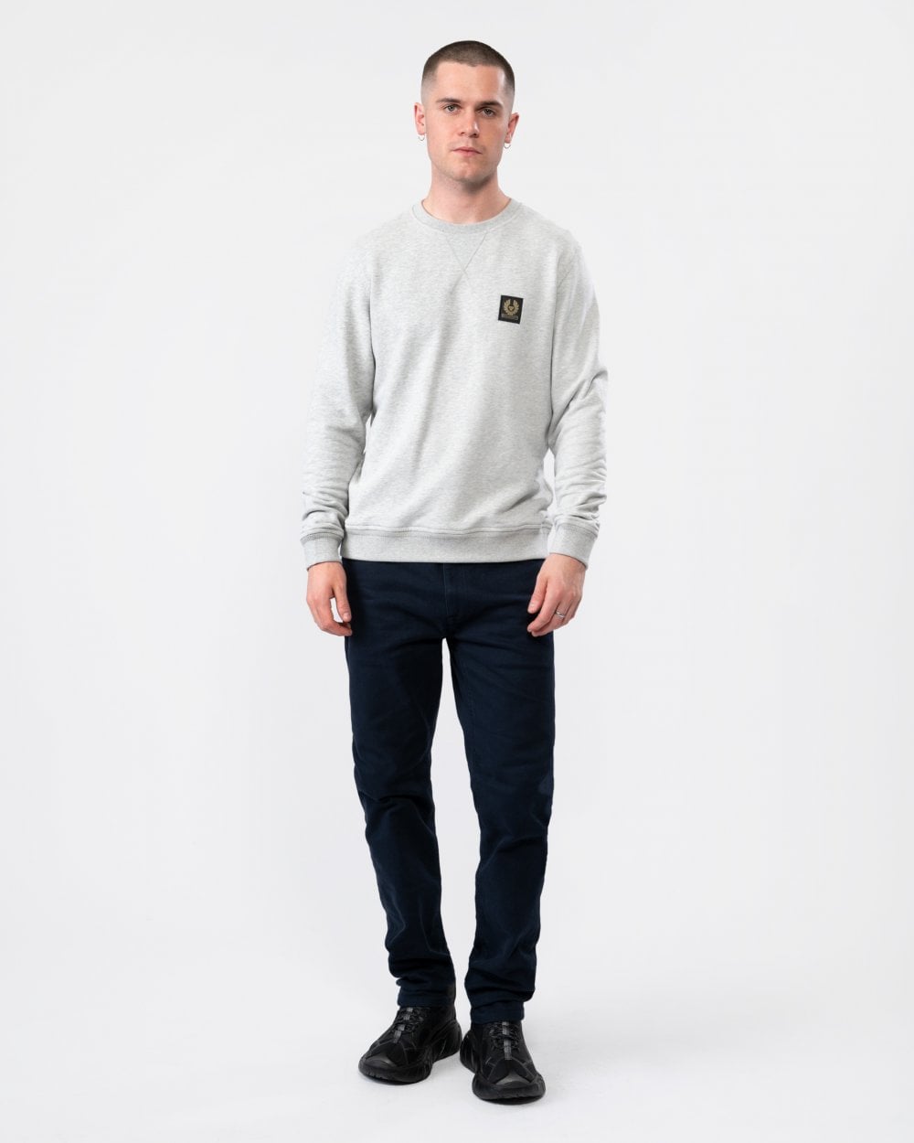 Belstaff Mens Crew Neck Sweatshirt With Logo Patch - Old Silver Heather