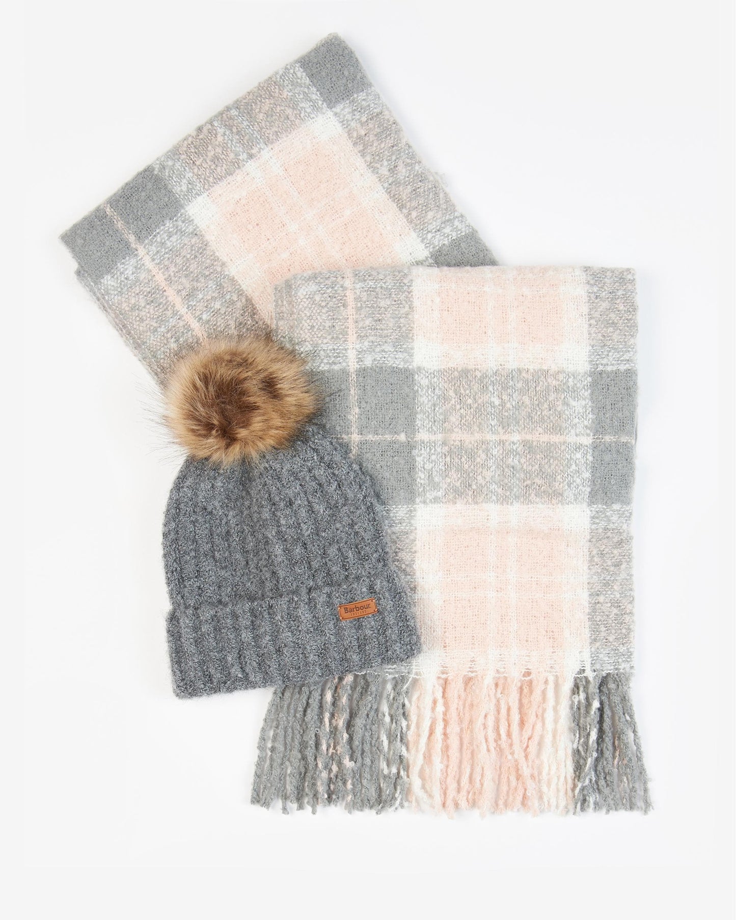 Barbour Saltburn Beanie & Tartan Scarf Set - Grey Rose