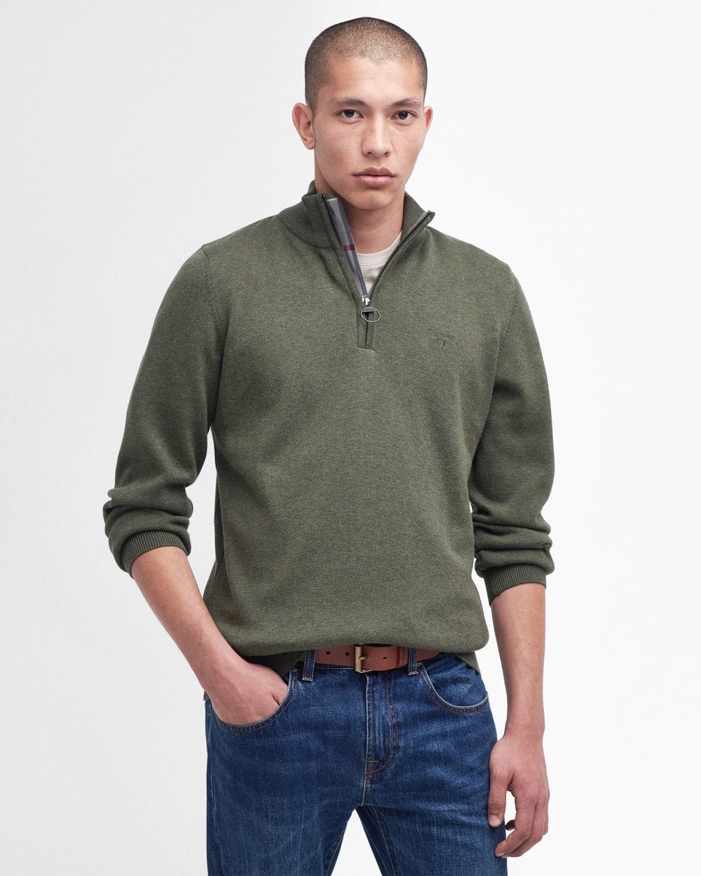 Barbour Cotton Mens Half Zip Jumper - Dusty Olive