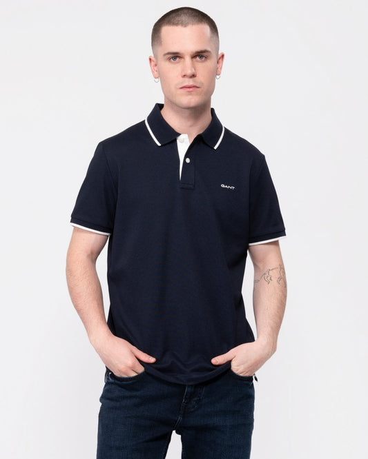 GANT Mens Tipped Short Sleeve Pique Polo - 433 Evening Blue