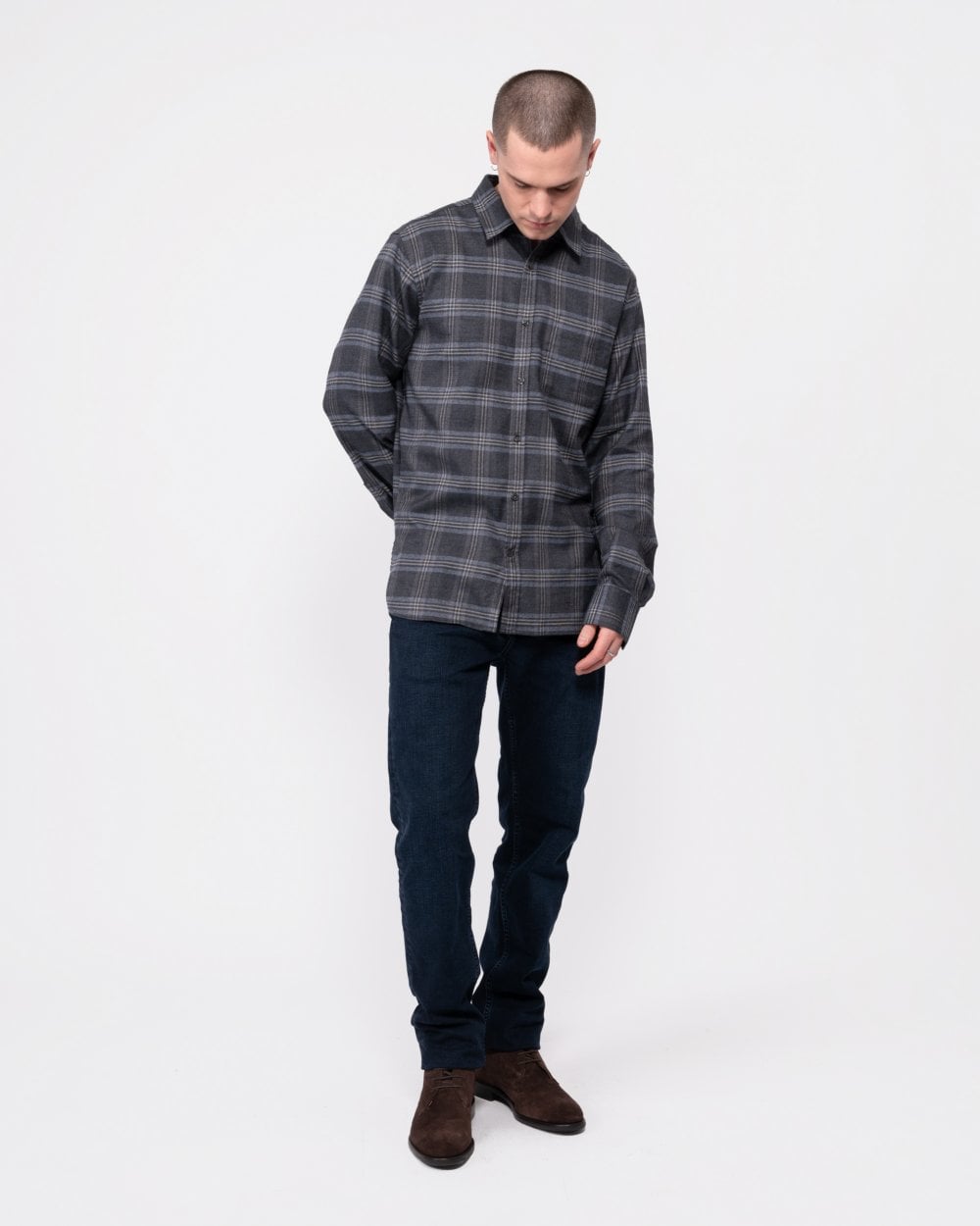 Oliver Sweeney Censo Mens Long Sleeved Brushed Cotton Shirt - Charcoal / Grey Check