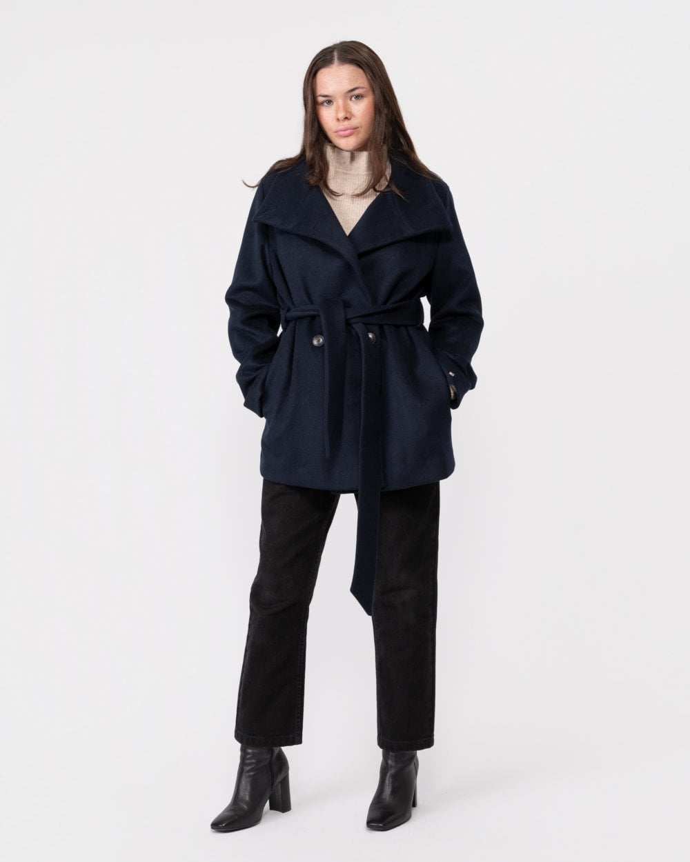 Tommy Hilfiger Wool Blend Womens Belted Funnel Jacket