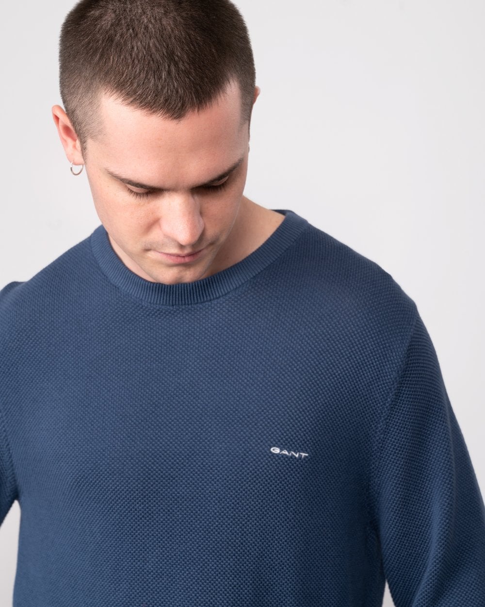 GANT Mens Cotton Pique Crew Neck Jumper - 403 Dusty Blue Sea