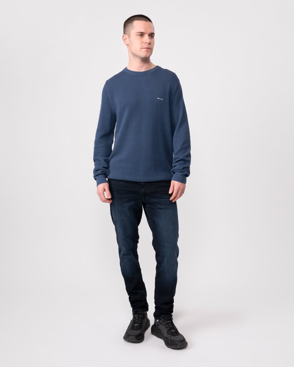 GANT Mens Cotton Pique Crew Neck Jumper - 403 Dusty Blue Sea