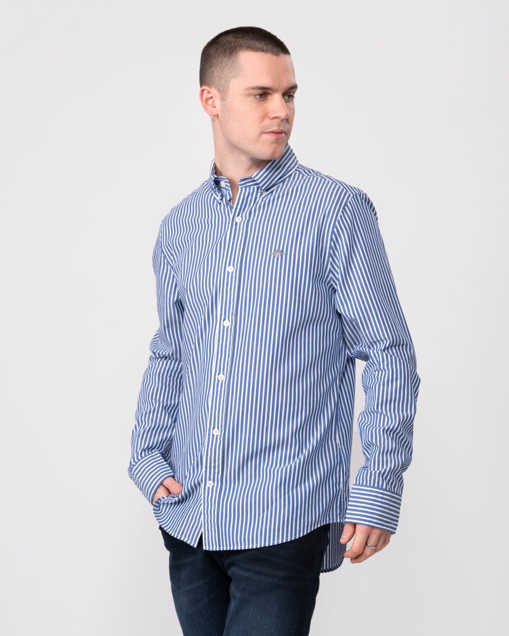GANT Mens Slim Fit Striped Poplin Shield Shirt - 436 College Blue