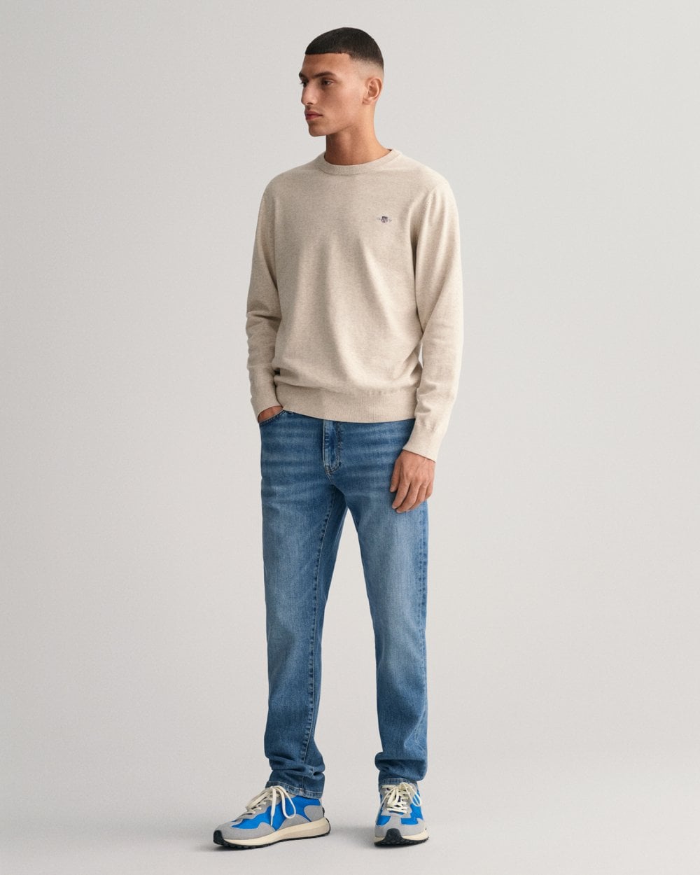 GANT Mens Classic Cotton Crew Neck Jumper - 291 Light Beige Melange