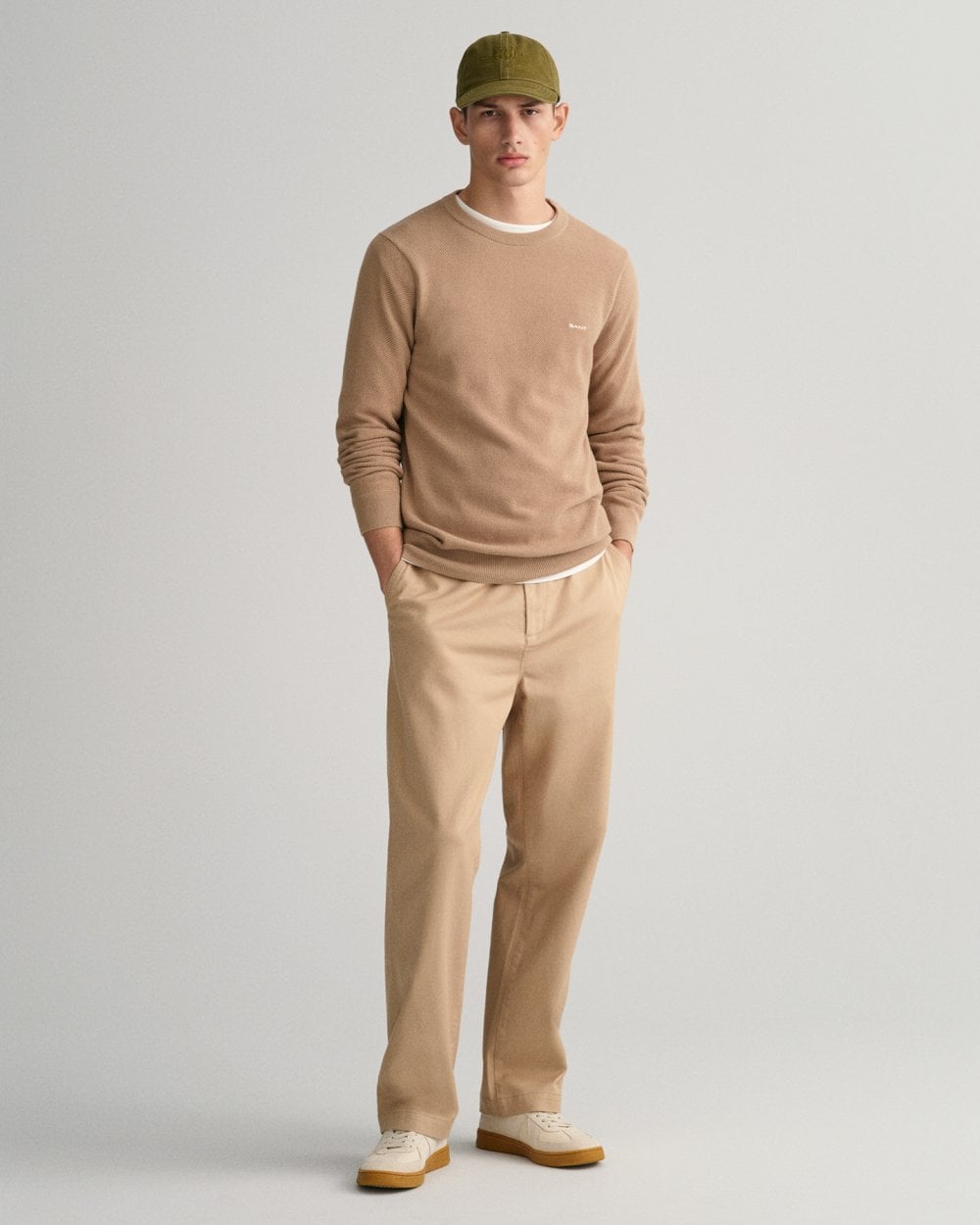 GANT Mens Cotton Pique Crew Neck Jumper - 248 Dark Khaki
