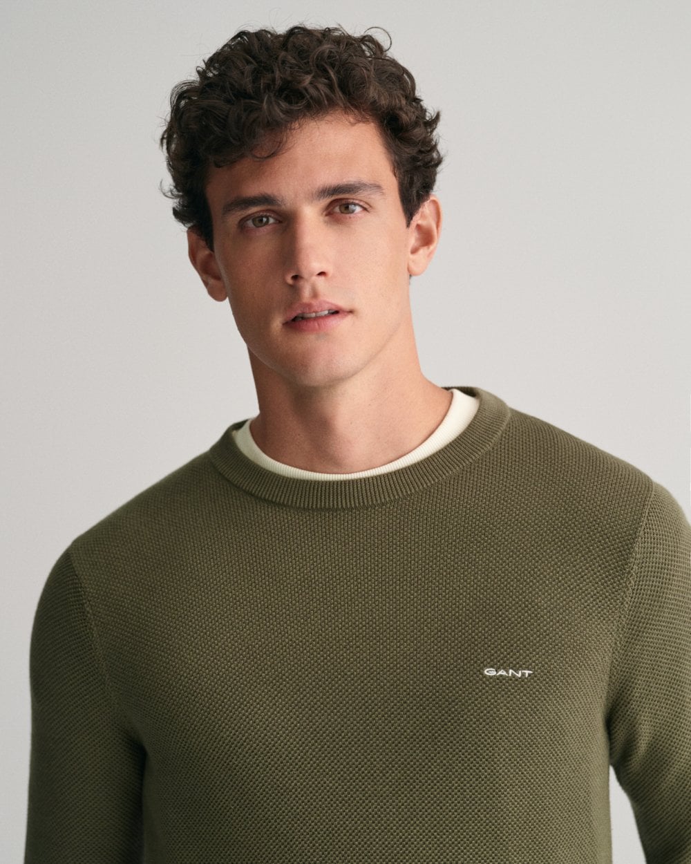 GANT Mens Cotton Pique Crew Neck Jumper - 301 Juniper Green