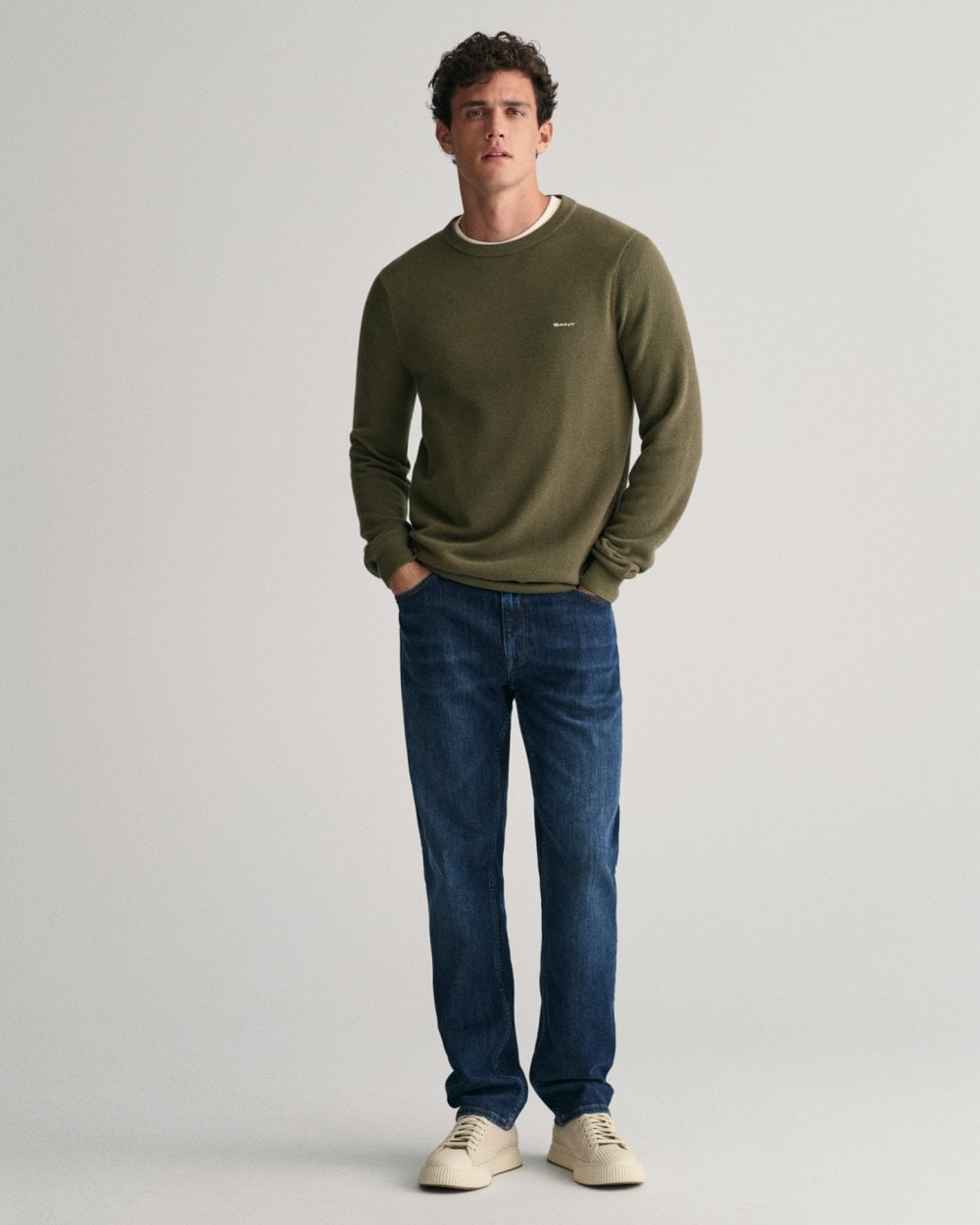 GANT Mens Cotton Pique Crew Neck Jumper - 301 Juniper Green