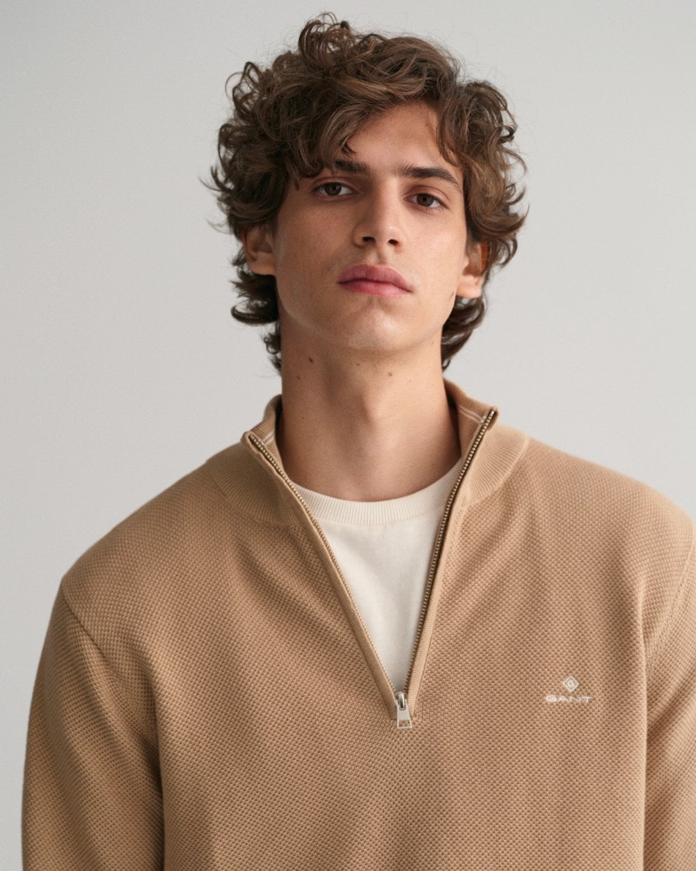 GANT Mens Cotton Pique Half Zip Jumper - 248 Dark Khaki