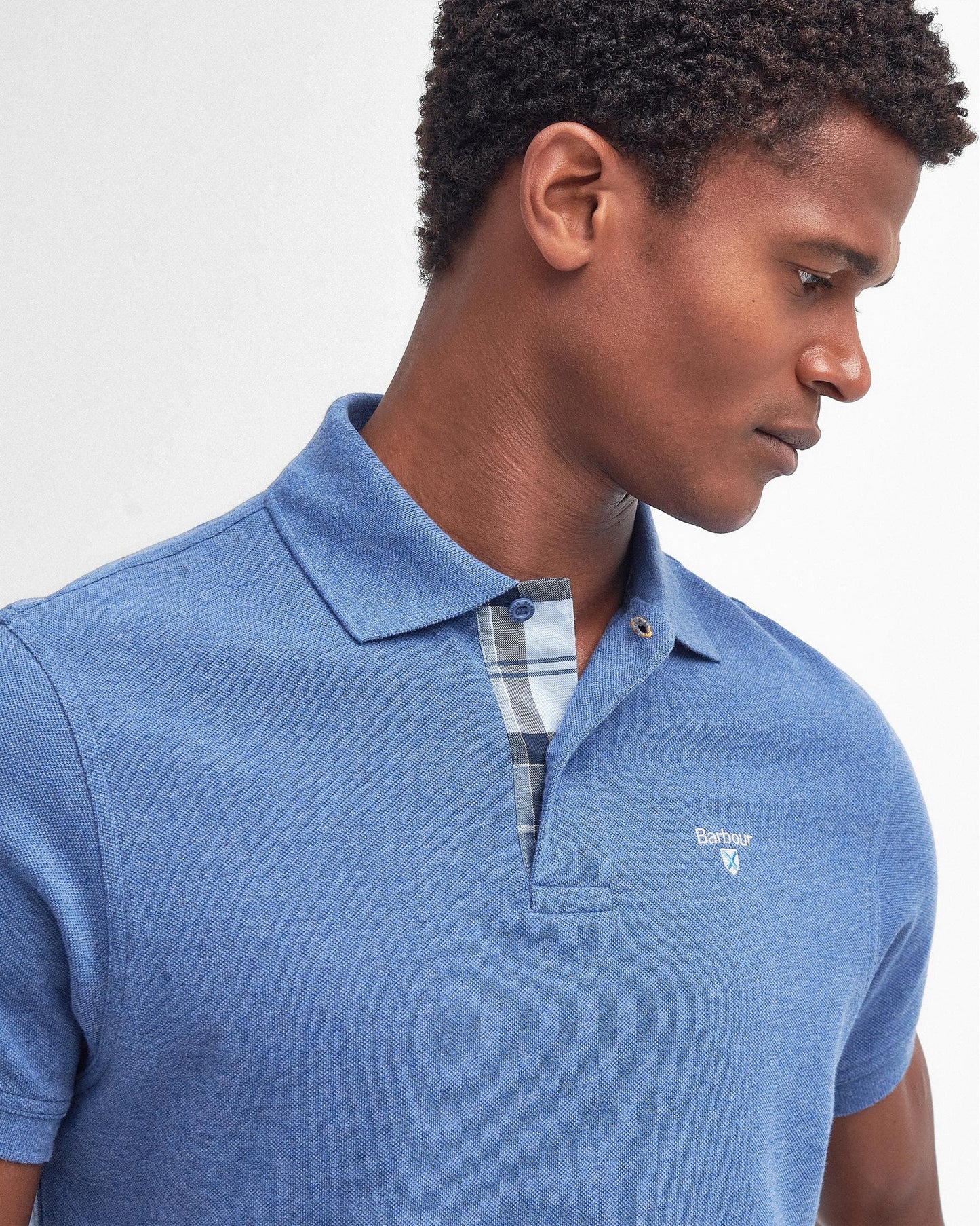 Barbour Tartan Pique Mens Polo - Dark Chambray Marl