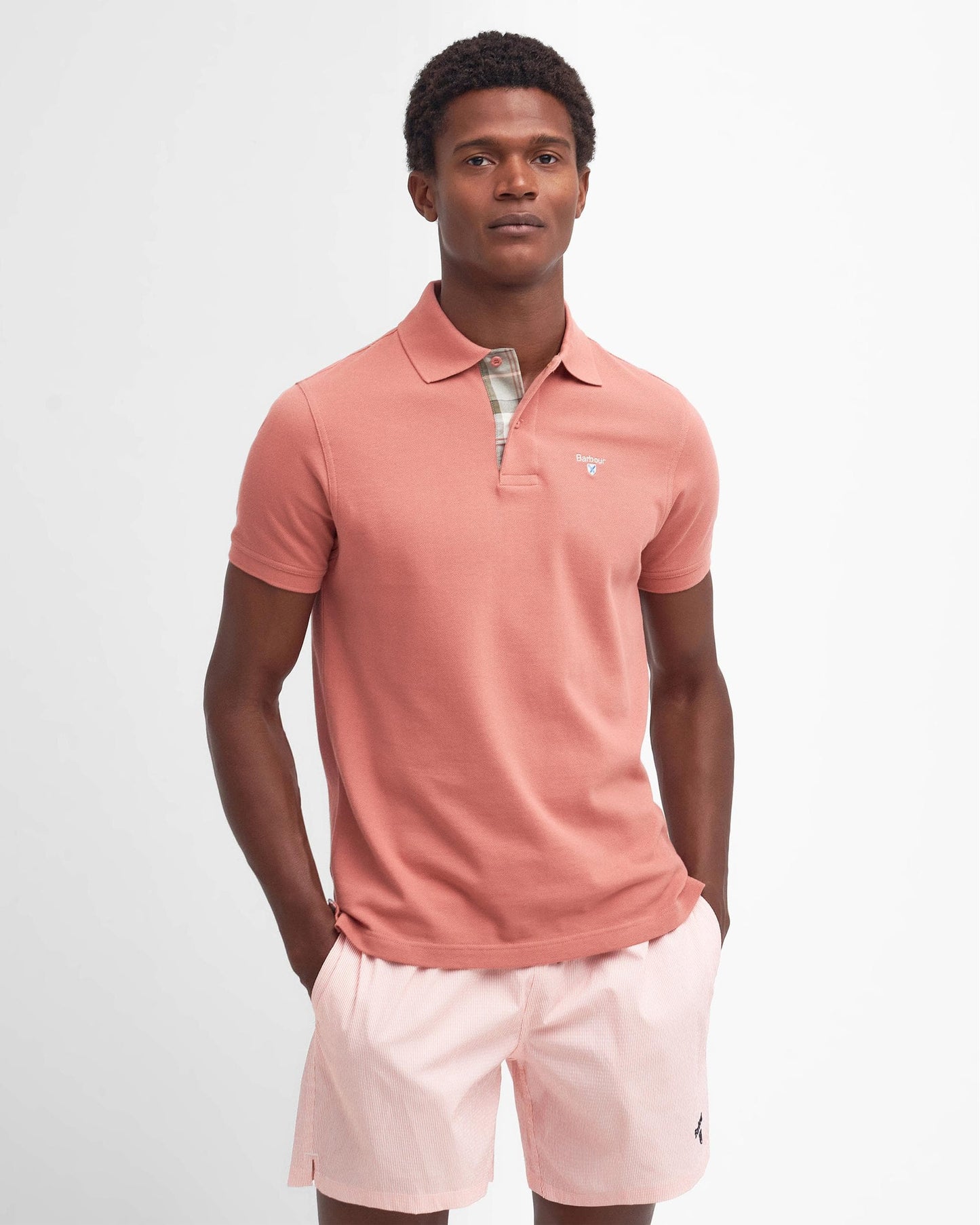 Barbour Tartan Pique Mens Polo - Pink Clay