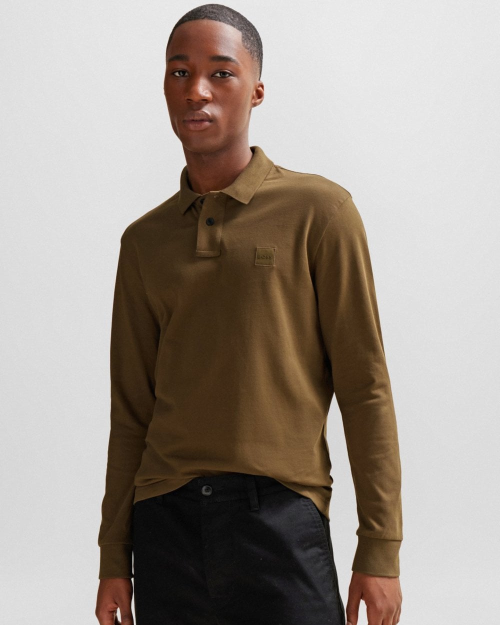 BOSS Orange Passerby Mens Long Sleeve Stretch-Cotton Polo Shirt with Logo Patch