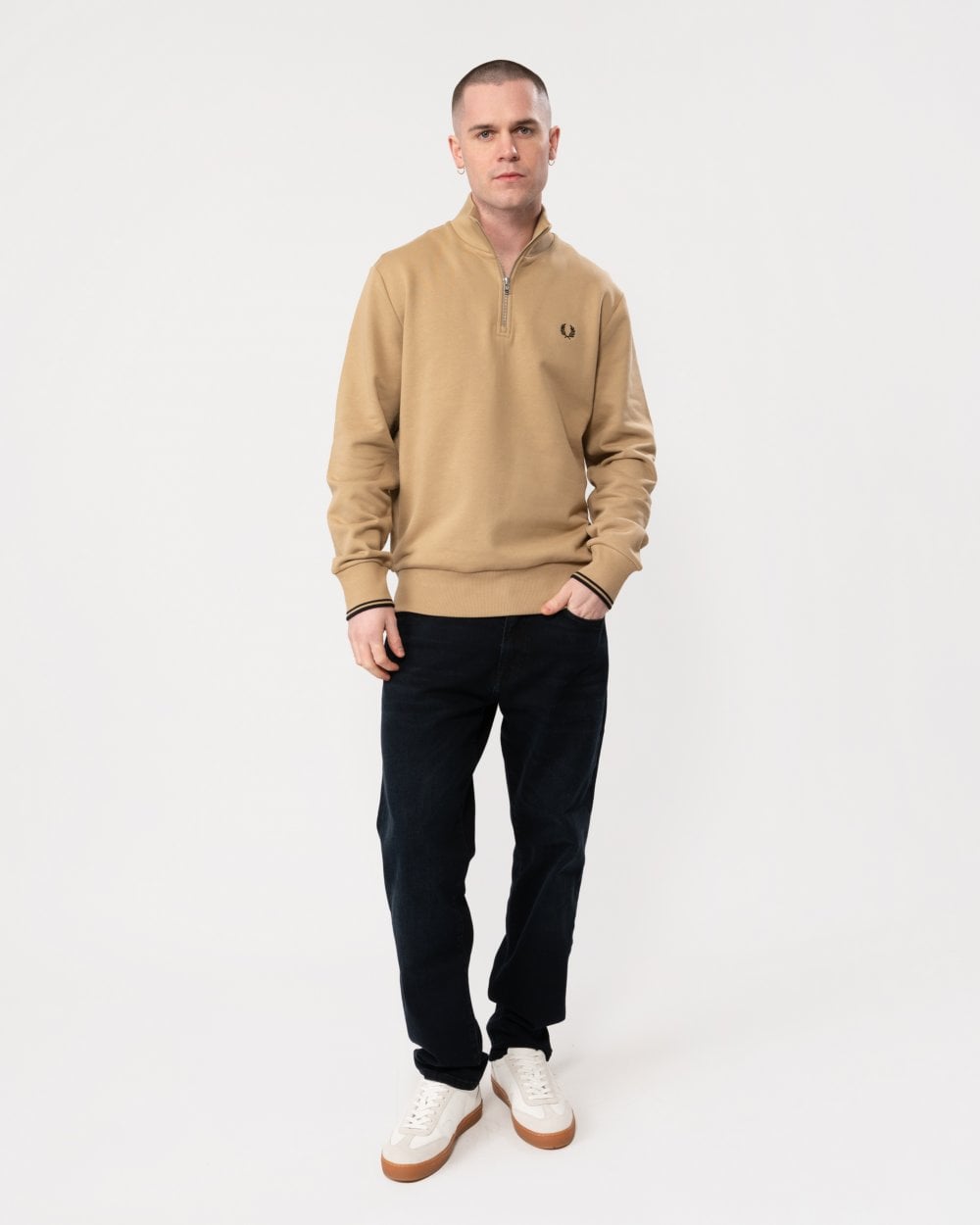 Fred Perry Mens Half Zip Sweatshirt - Warm Stone/Black U88