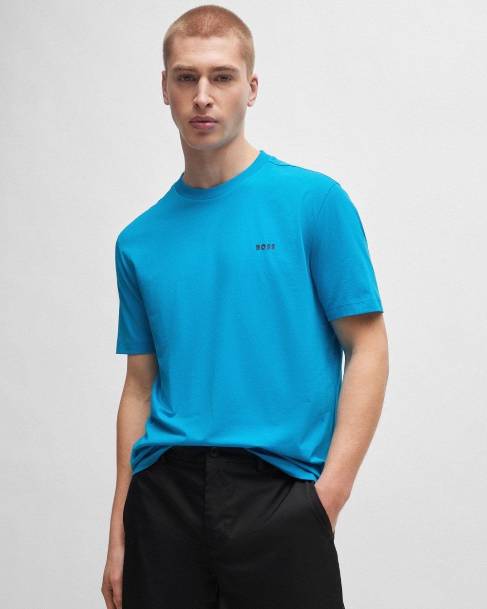 BOSS Green Tee Mens Stretch Cotton T-Shirt with Contrast Logo - Turquoise/Aqua 442