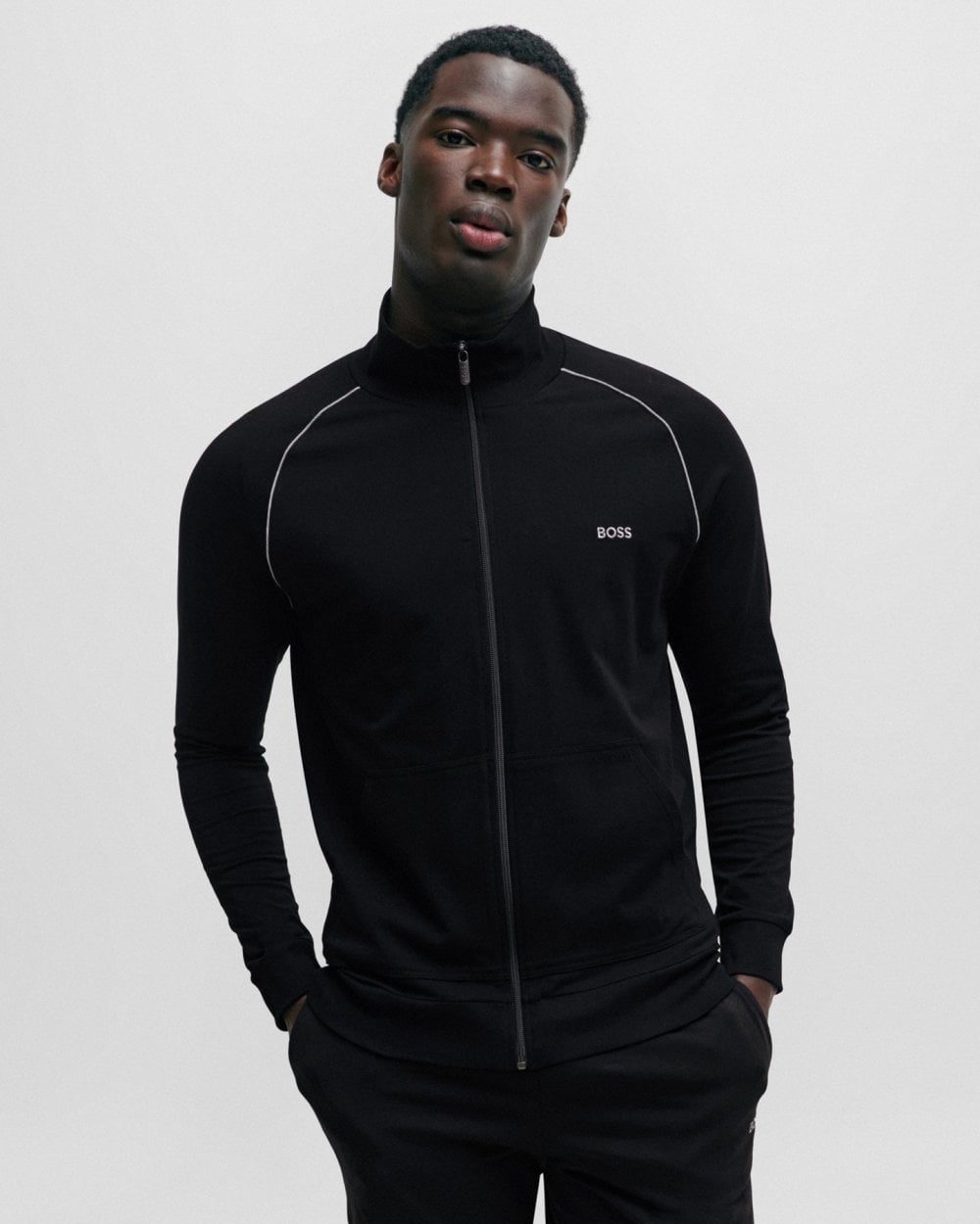 BOSS Orange Mix & Match Mens Stretch Cotton Zip-Up Jacket with Logo Detail NOS - Black 001