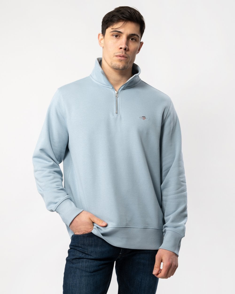 GANT Mens Regular Fit Shield Logo Half Zip Sweatshirt - 474 Dove Blue