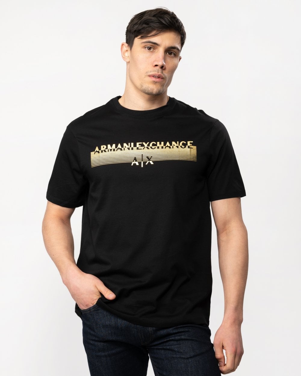 Armani Exchange Armani Exchange Mens Metallic Striped Logo T-Shirt