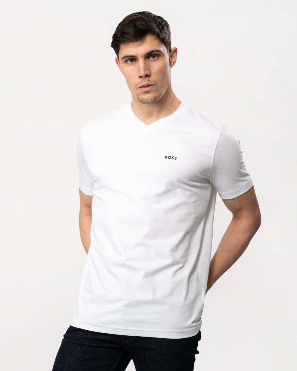 BOSS Green Tee V Mens Stretch Cotton V-Neck T-Shirt - White 100