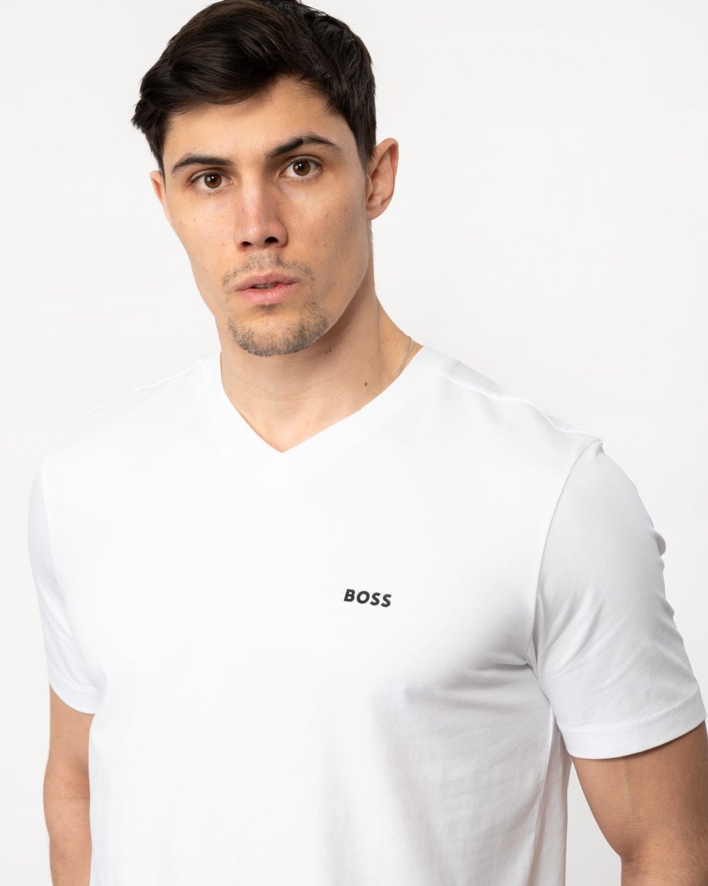BOSS Green Tee V Mens Stretch Cotton V-Neck T-Shirt - White 100