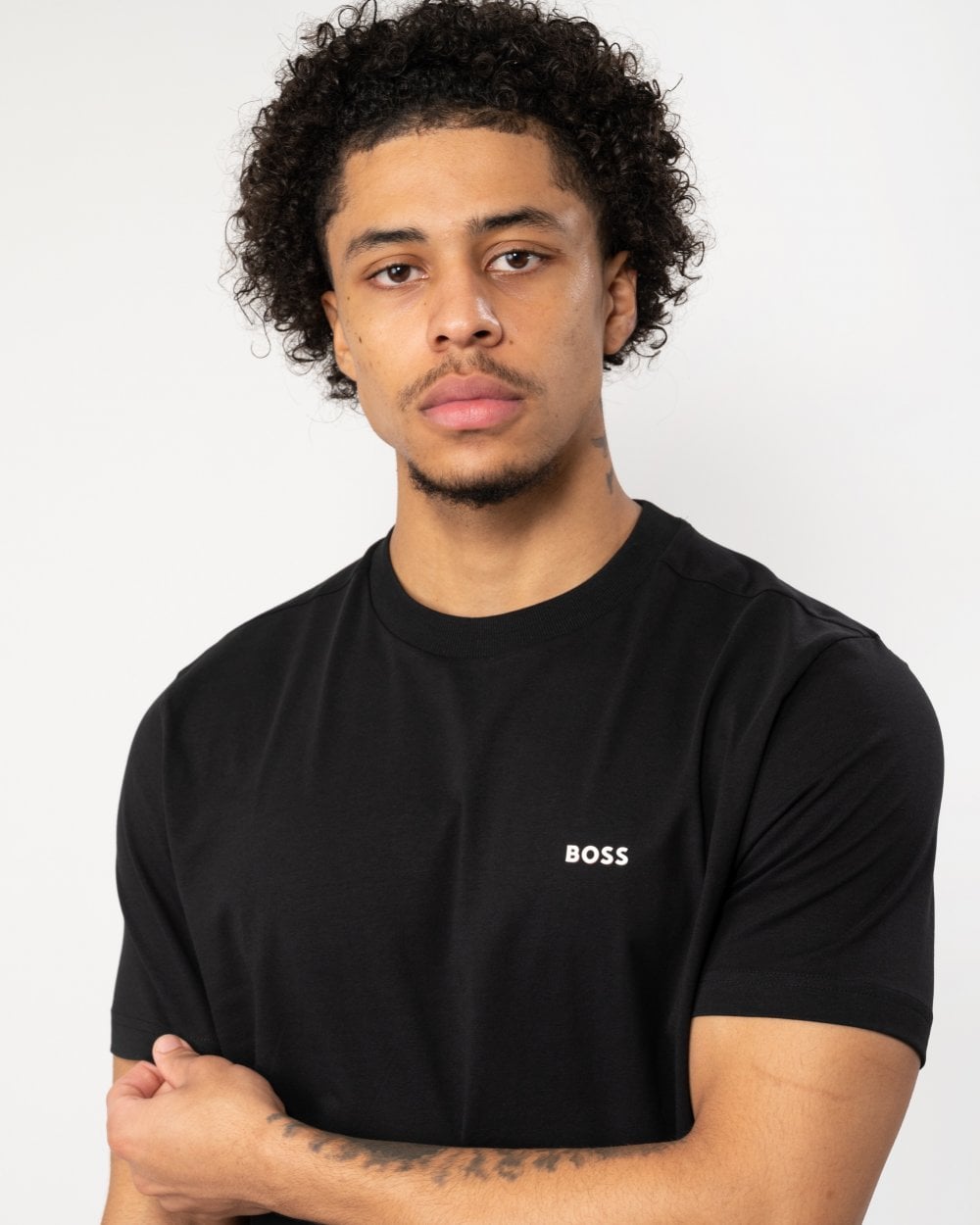 BOSS Green Tee Mens Stretch Cotton T-Shirt with Contrast Logo - Black 004