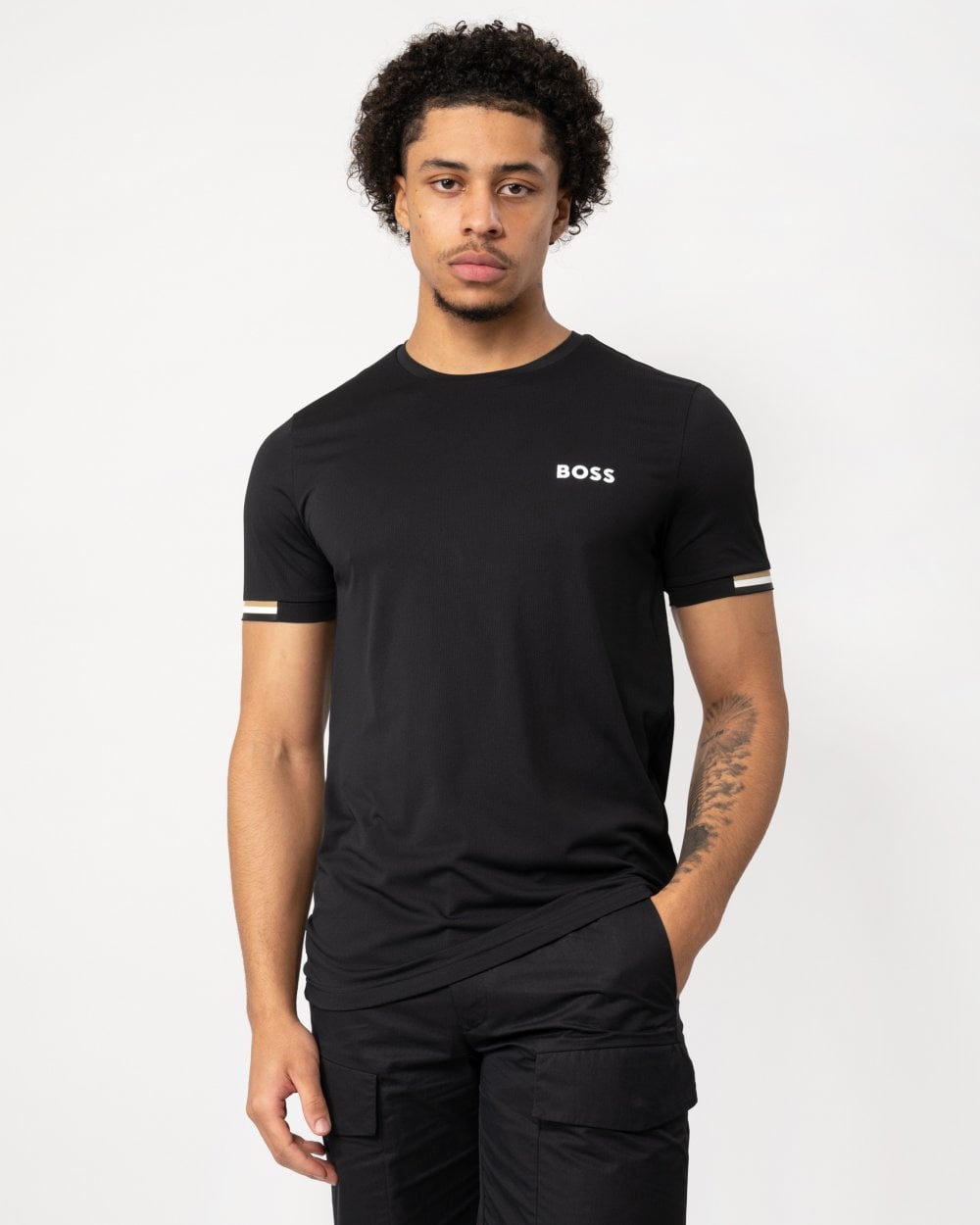 BOSS Green Tee Matteo Berrettini Mens Waffle-Fabric T-shirt with Signature-Stripe Artwork