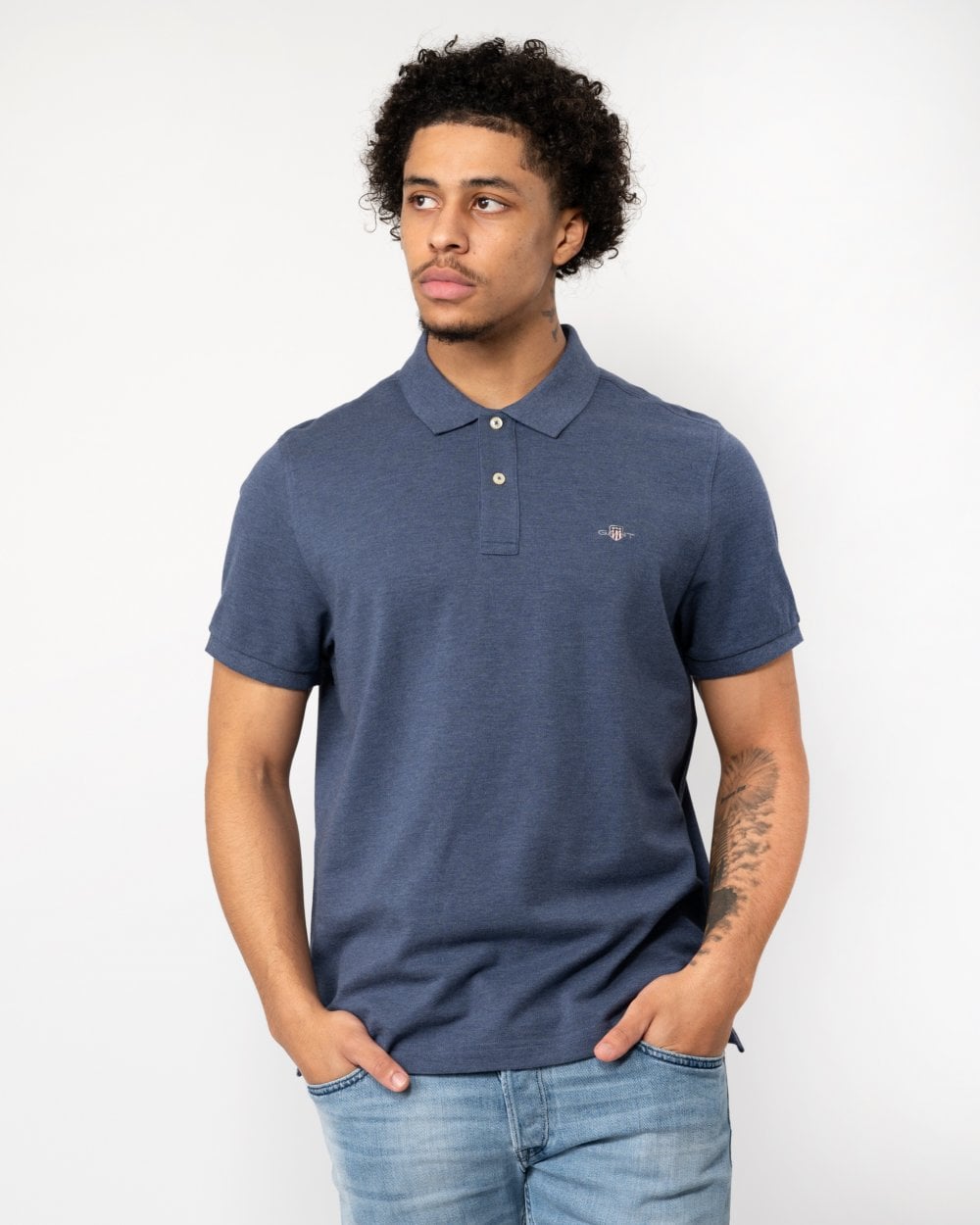 GANT Mens Regular Fit Short Sleeve Shield Logo Pique Polo - 902 Dark Jeansblue Melange