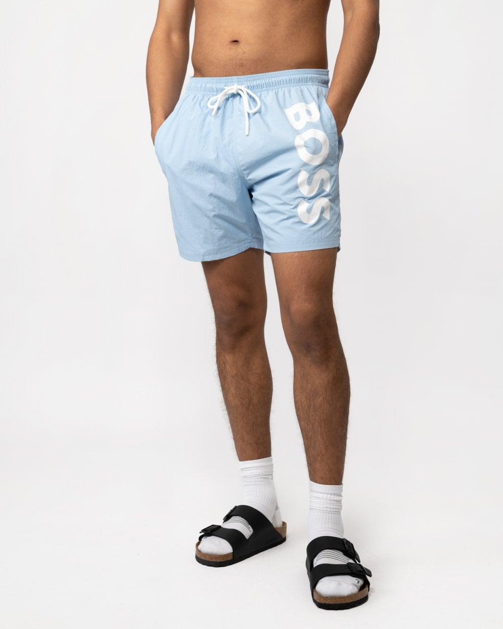 BOSS Orange Octopus Mens Vertical Logo Print Swim Shorts in Quick-Dry Poplin