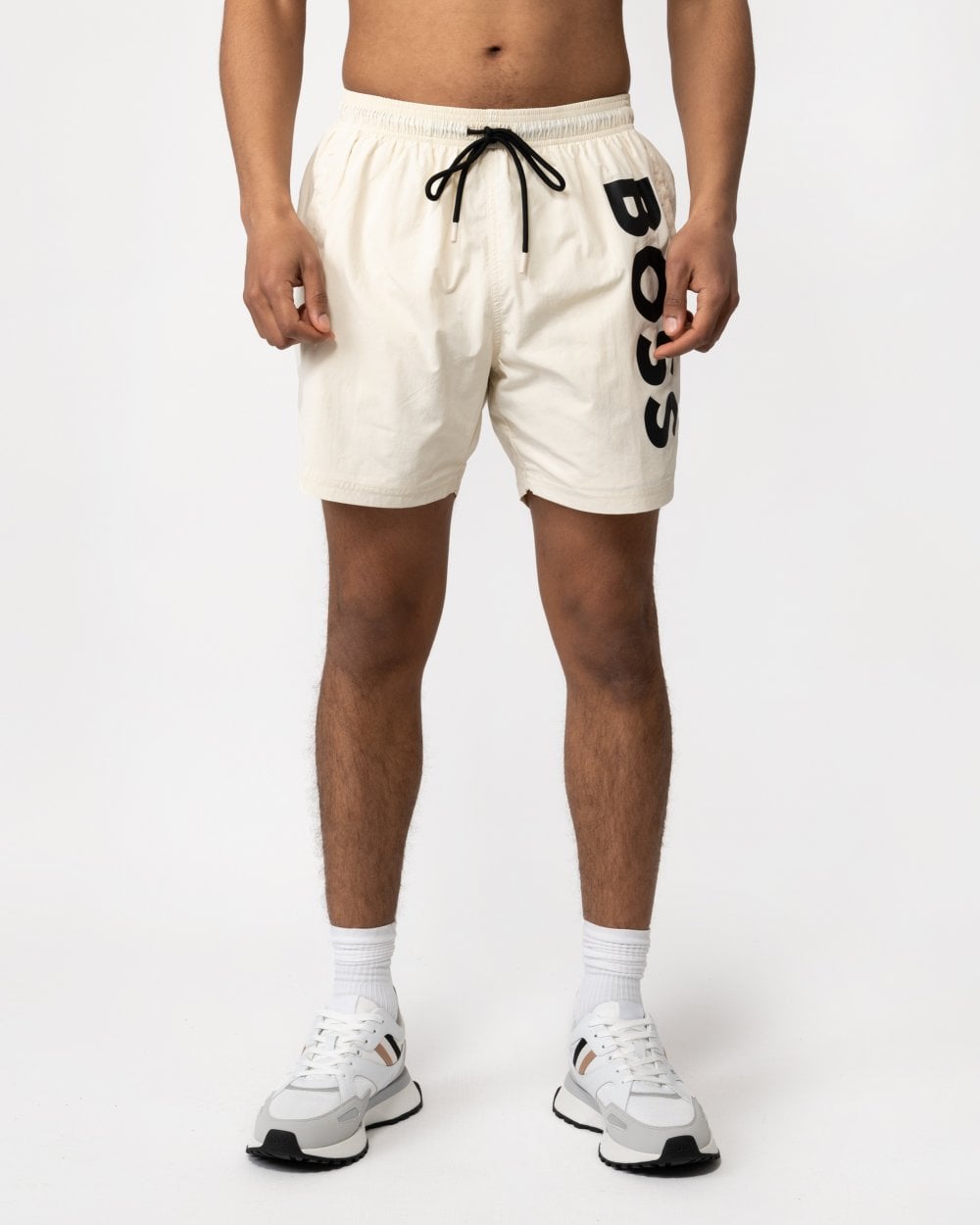 BOSS Orange Octopus Mens Vertical Logo Print Swim Shorts in Quick-Dry Poplin