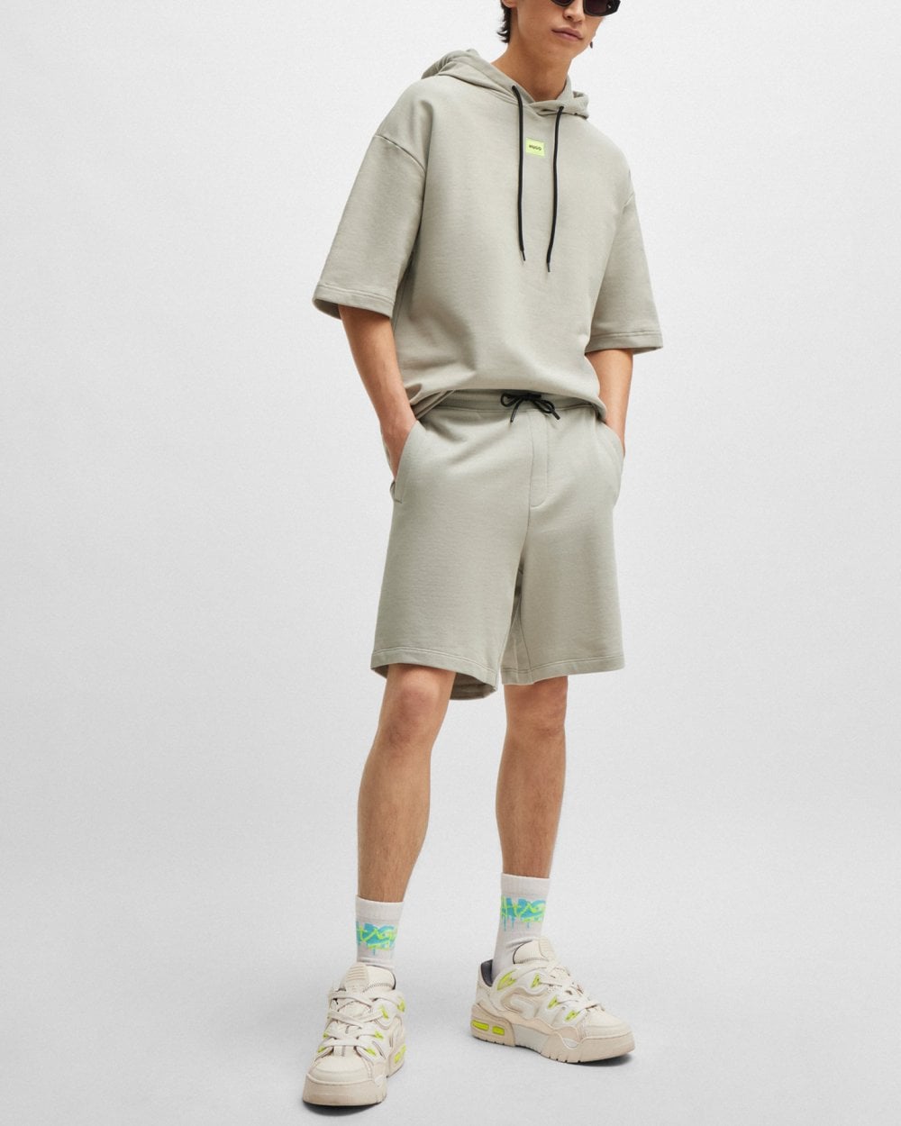 HUGO Diz222 Mens Cotton Terry Shorts with Logo Label - Light/Pastel Grey 055