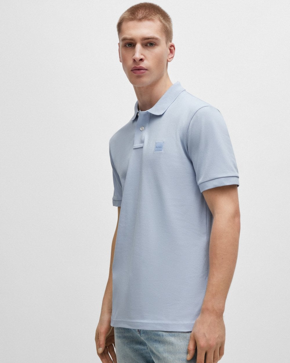 BOSS Orange Passenger Mens Stretch-Cotton Slim-Fit Polo Shirt with Logo Patch - Open Blue 460