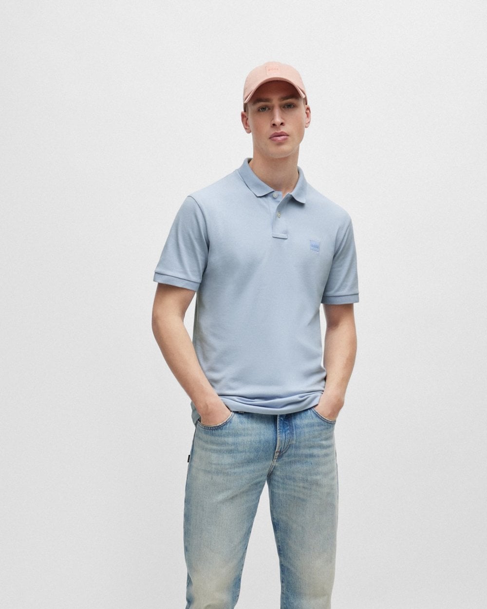 BOSS Orange Passenger Mens Stretch-Cotton Slim-Fit Polo Shirt with Logo Patch - Open Blue 460