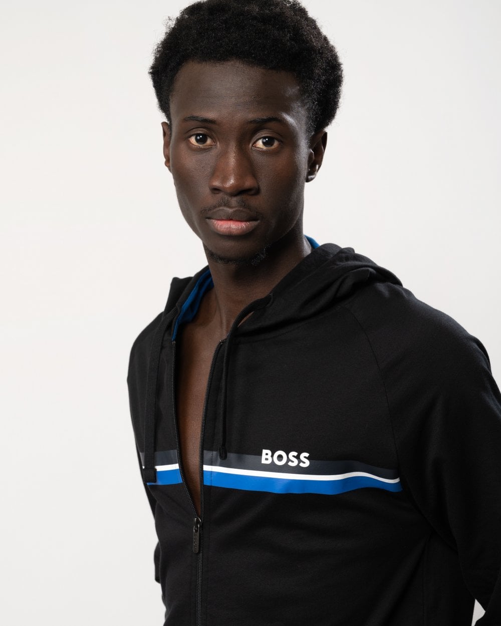 BOSS Orange BOSS Orange Authentic Mens Cotton Terry Zip Lounge Hoodie with Stripes and Logo