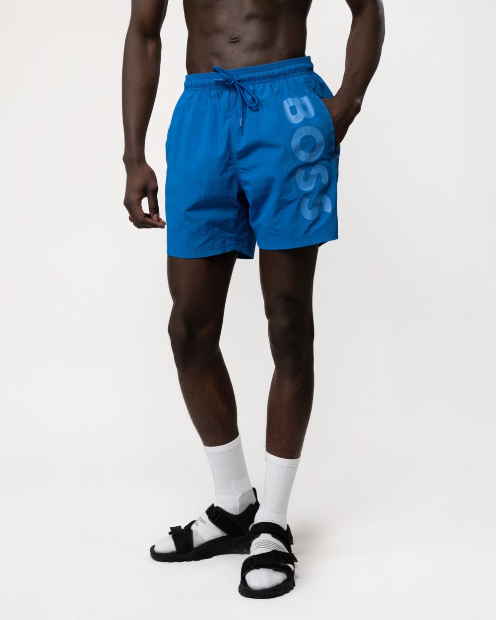 BOSS Orange Octopus Mens Vertical Logo Print Swim Shorts in Quick-Dry Poplin