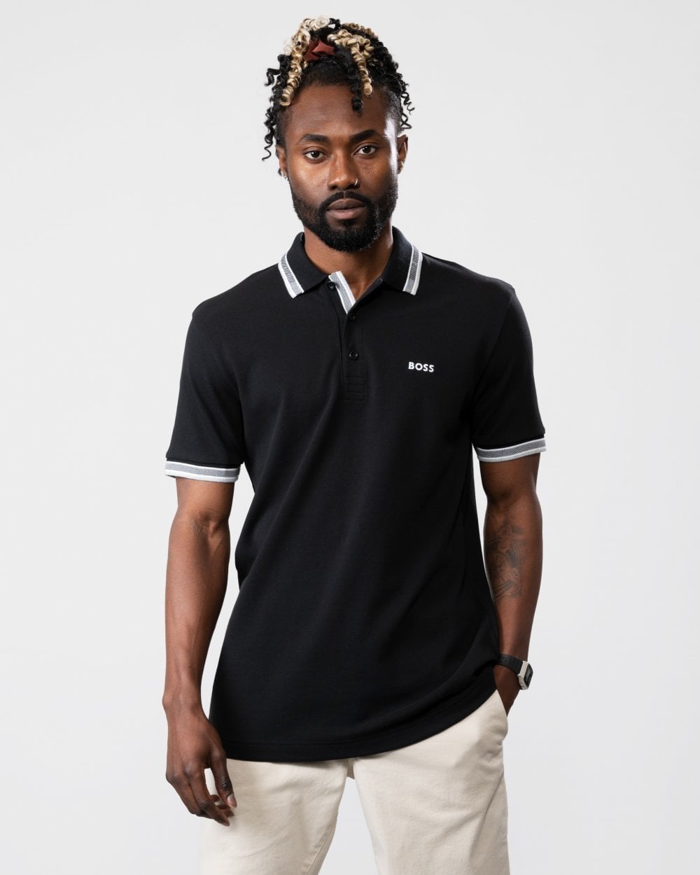 BOSS Green Paddy Mens Cotton-Piqué Polo Shirt with Contrast Logo - Black 001