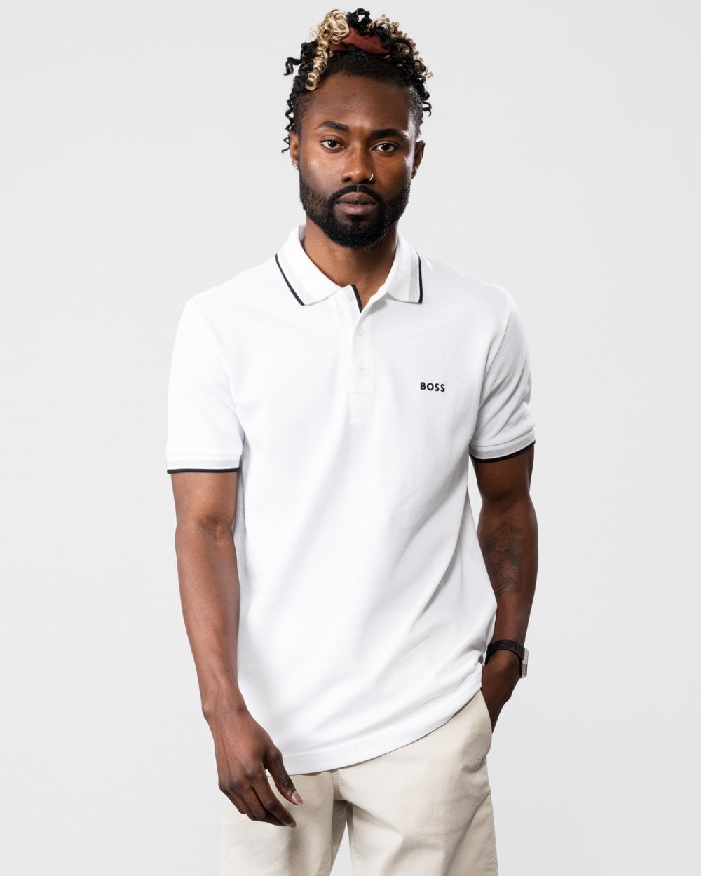 BOSS Green Paddy Mens Cotton-Piqué Polo Shirt with Contrast Logo - White 100