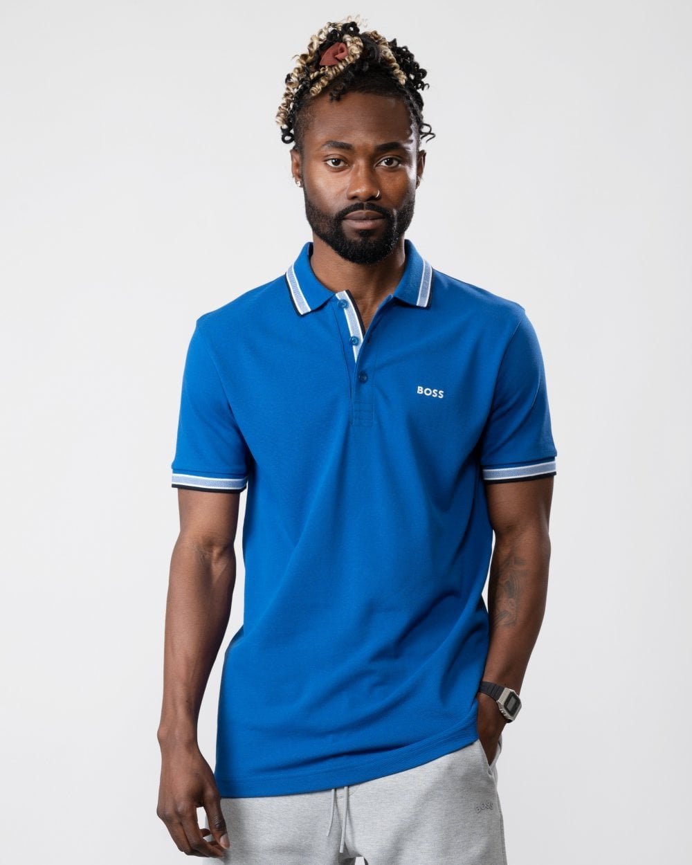 BOSS Green Paddy Mens Cotton-Piqué Polo Shirt with Contrast Logo - Medium Blue 420