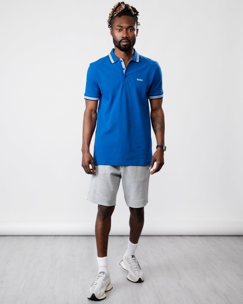 BOSS Green Paddy Mens Cotton-Piqué Polo Shirt with Contrast Logo - Medium Blue 420