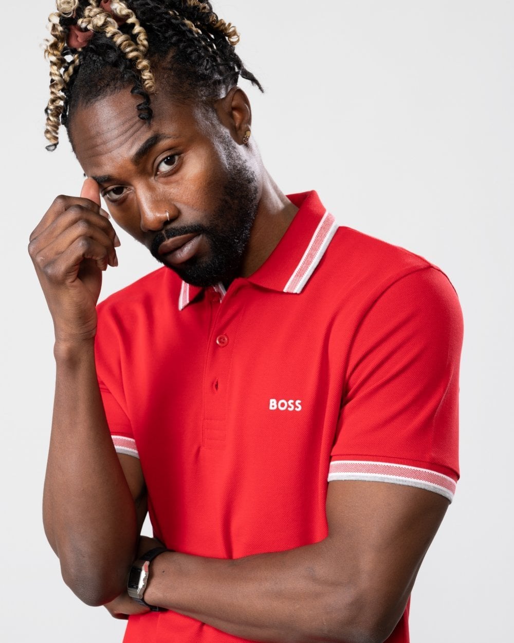 BOSS Green Paddy Mens Cotton-Piqué Polo Shirt with Contrast Logo - Medium Red 610