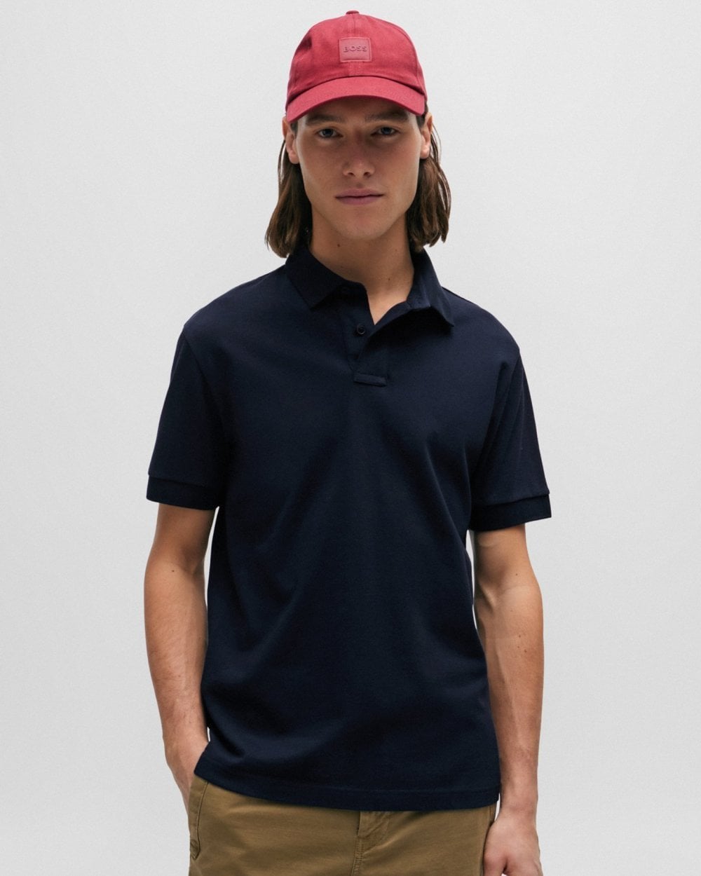 BOSS Orange Passenger Mens Stretch-Cotton Slim-Fit Polo Shirt with Logo Patch NOS - Dark Blue 404