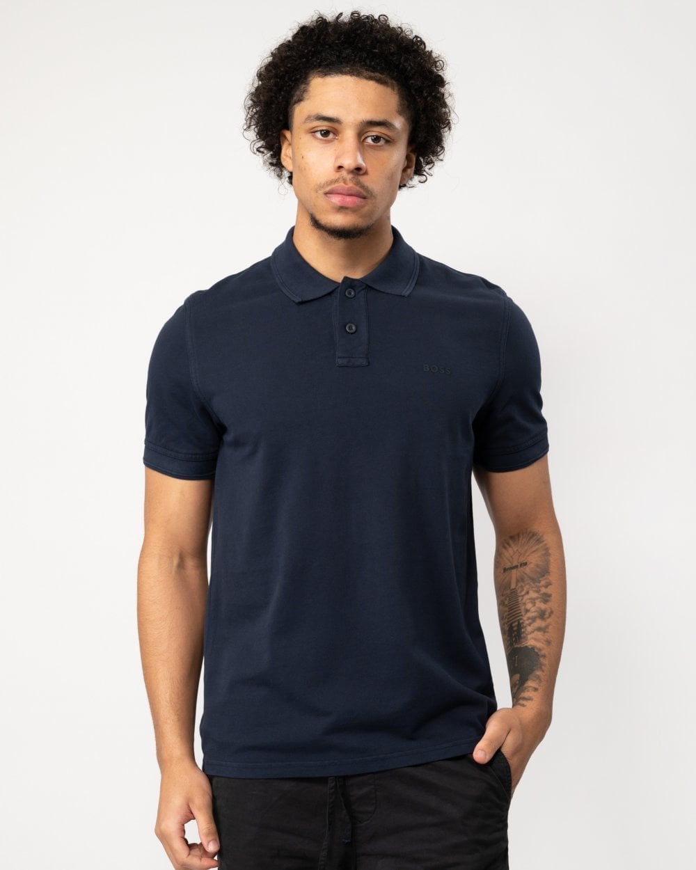 BOSS Orange Prime Mens Cotton-Piqué Polo Shirt with Logo Print NOS - Dark Blue 404
