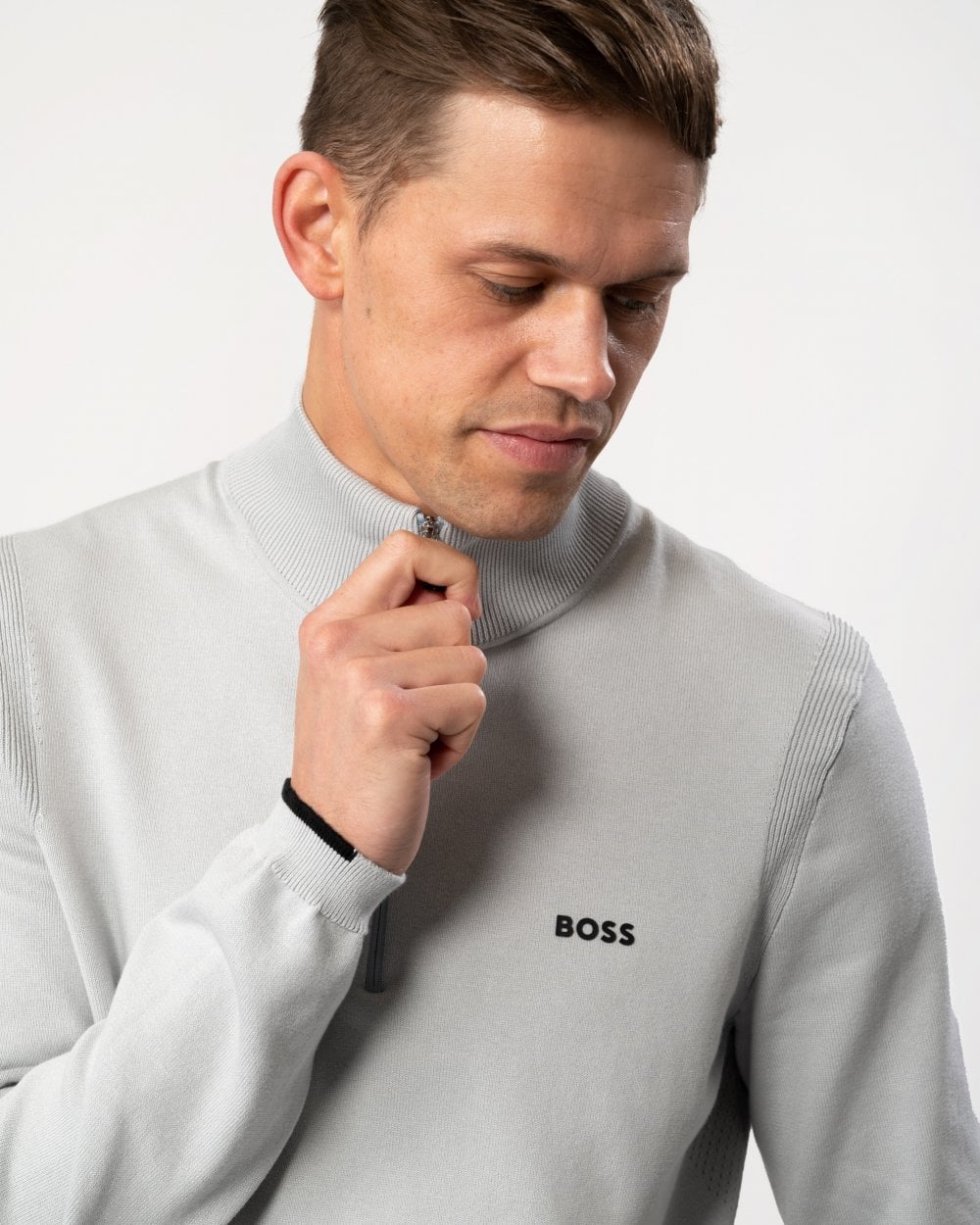 BOSS Green Ever-X Mens Cotton Blend Zip-Neck Sweater with Logo Print - Light/Pastel Grey 052