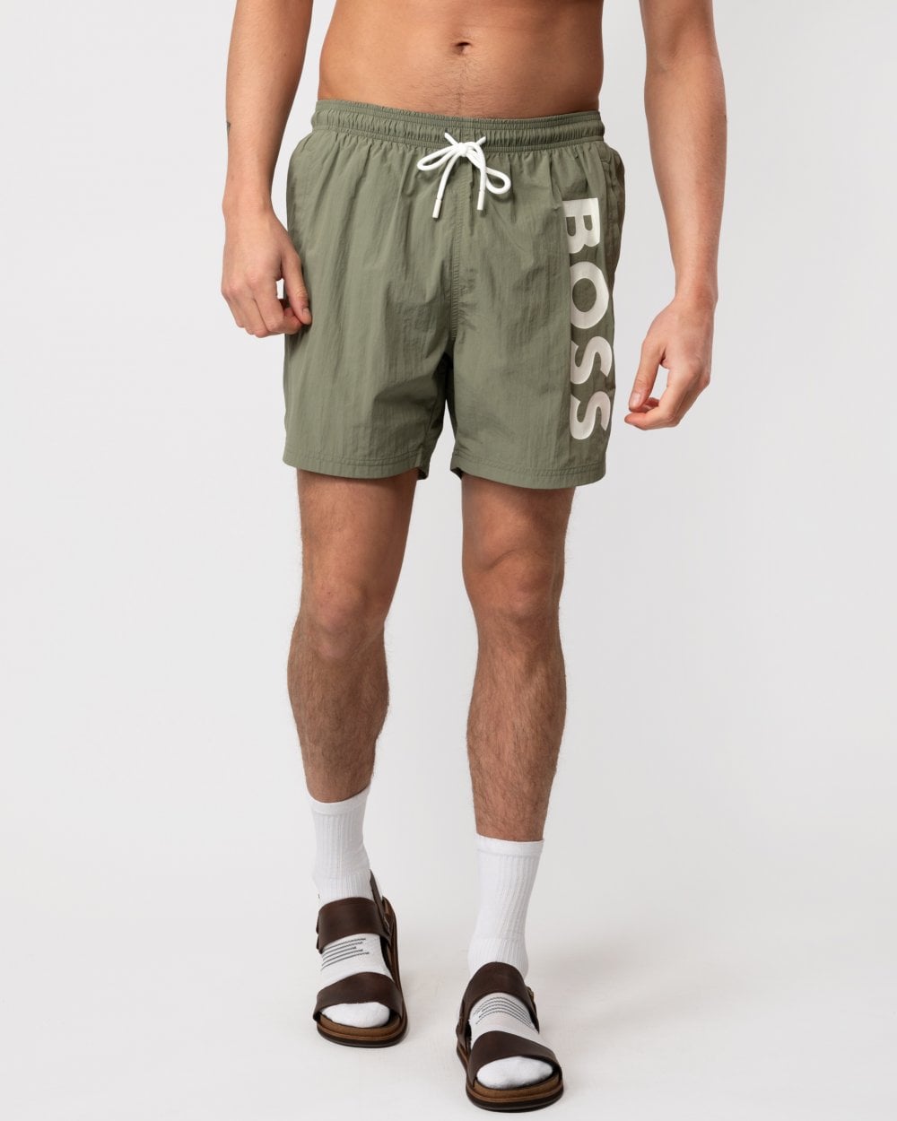 BOSS Orange Octopus Mens Vertical Logo Print Swim Shorts in Quick-Dry Poplin