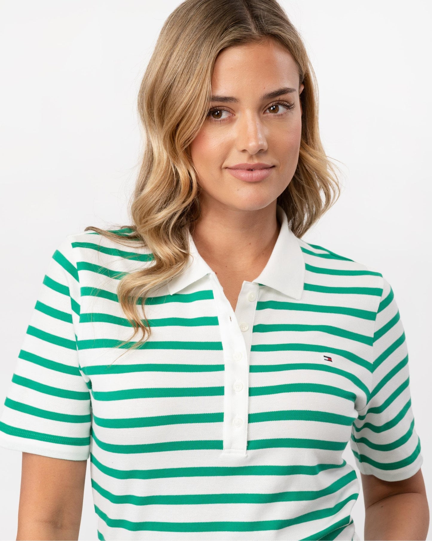 Tommy Hilfiger 1985 Regular Pique Stripe Womens Polo - Breton Ecru/Olympic Green