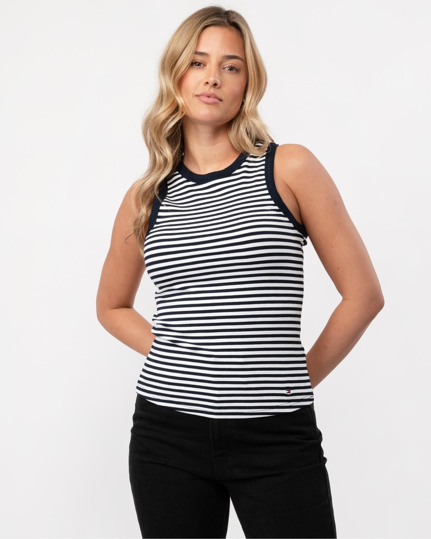Tommy Hilfiger Stripe Rib Womens Slim Tank Top - Mini Stripe Desert Sky/White