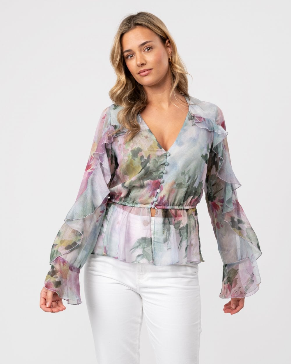 Ted Baker Sunnieh Womens Waterfall Ruffle Button Up Blouse