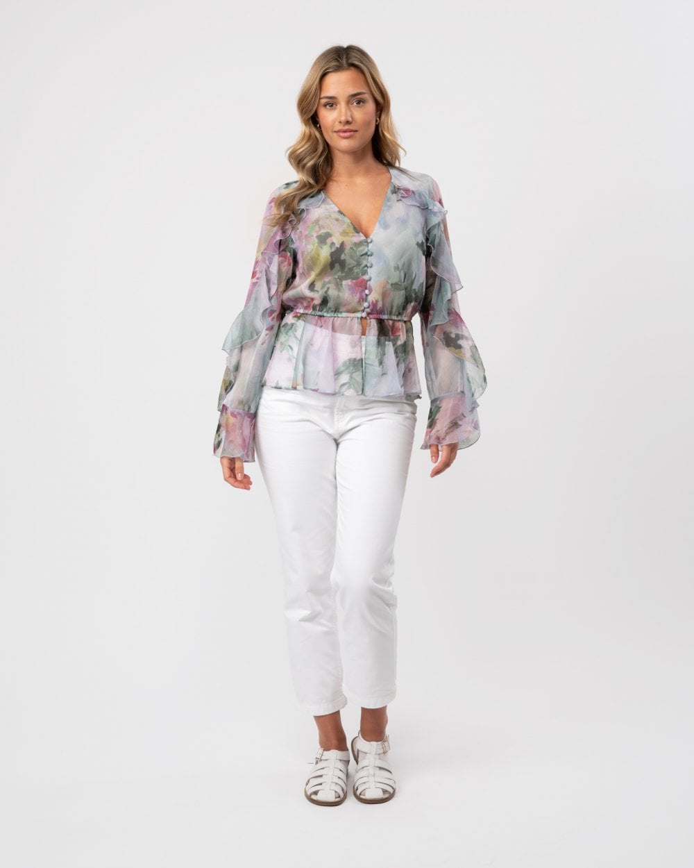 Ted Baker Sunnieh Womens Waterfall Ruffle Button Up Blouse