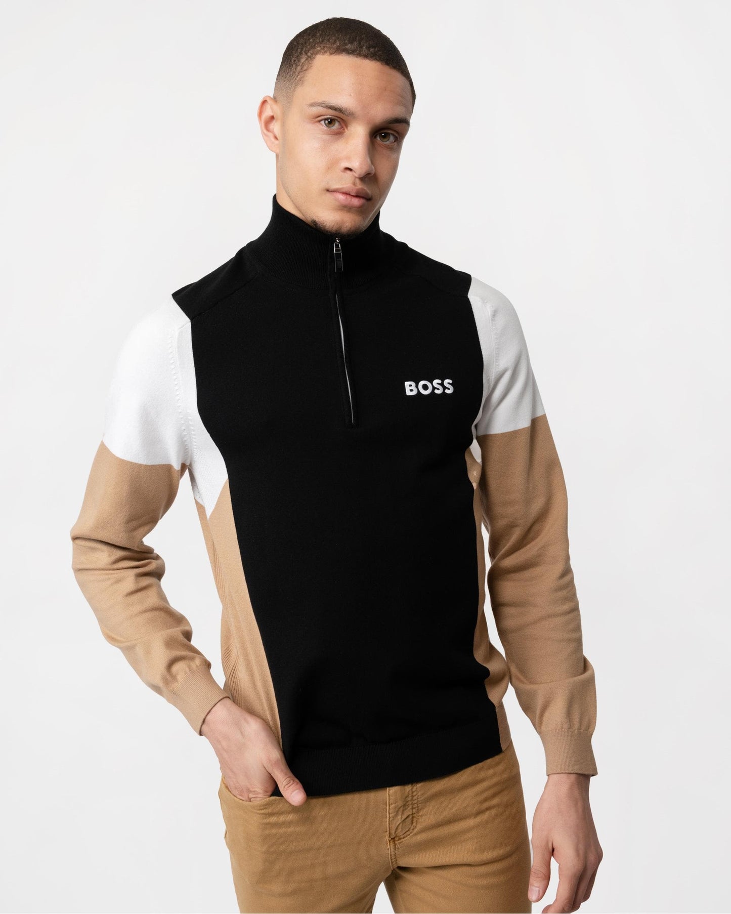 BOSS Green BOSS Green Zelchior-X Mens Cotton Blend Zip-Neck Sweater with Embroidered Logos