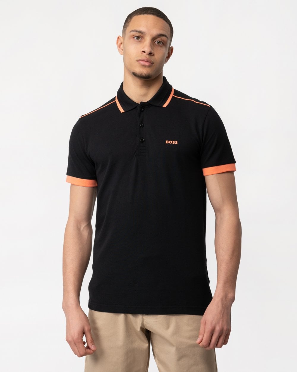 BOSS Green Paddy 1 Mens Cotton Piqué Polo Shirt with Contrast Stripes and Logo